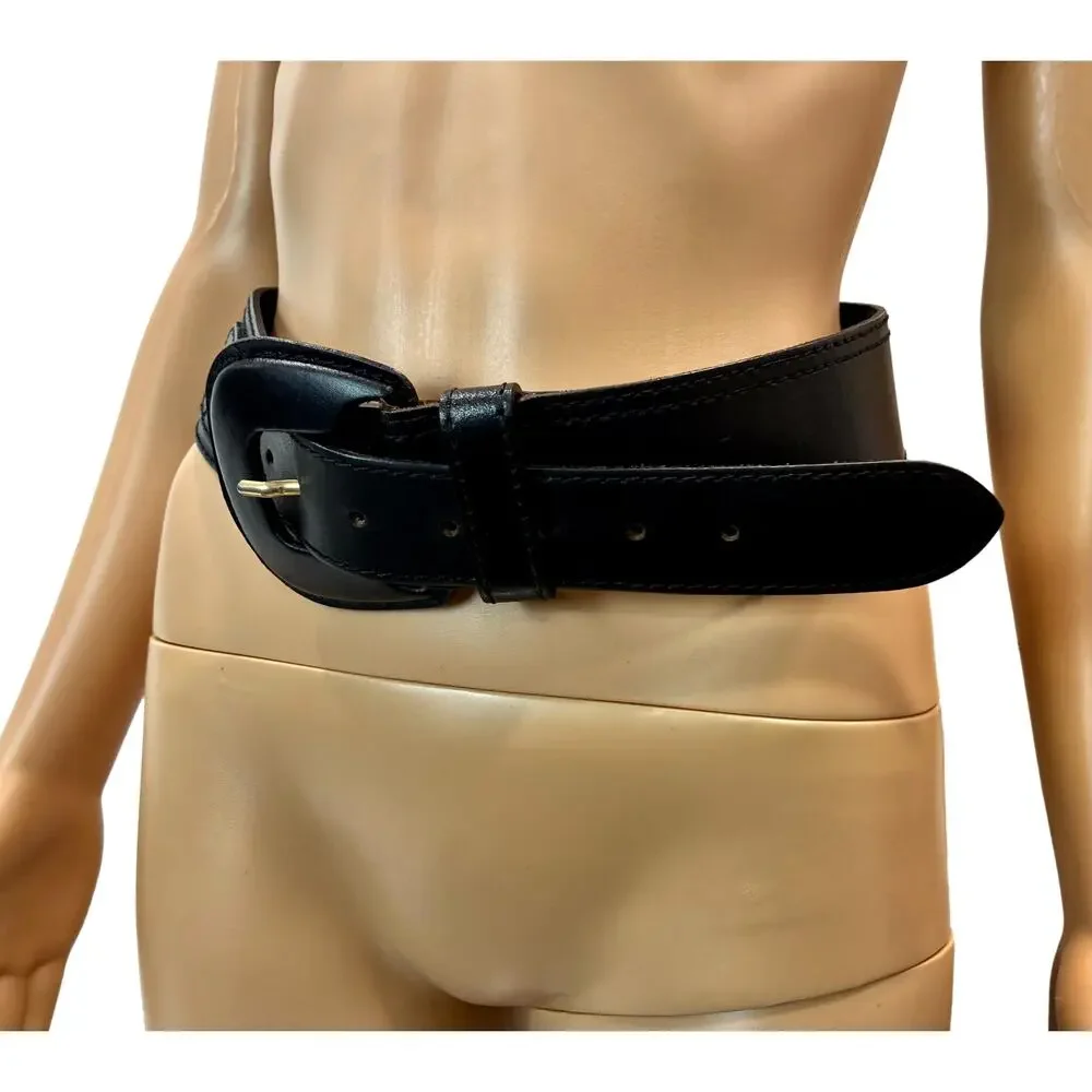 Vintage 80s The Limited Black Leather Belt Made in Italy Sz S Wide 27-33”